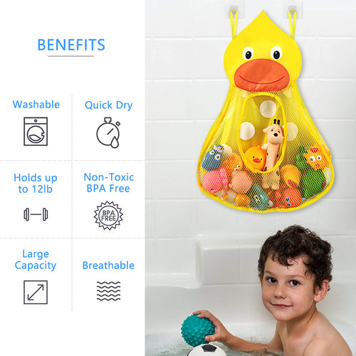 Linkidea 2 Pack Mesh Bath Toy Organizer, Bathtub Accessories Storage Bag with Adhesive Sticker Hooks (Duck Pattern)