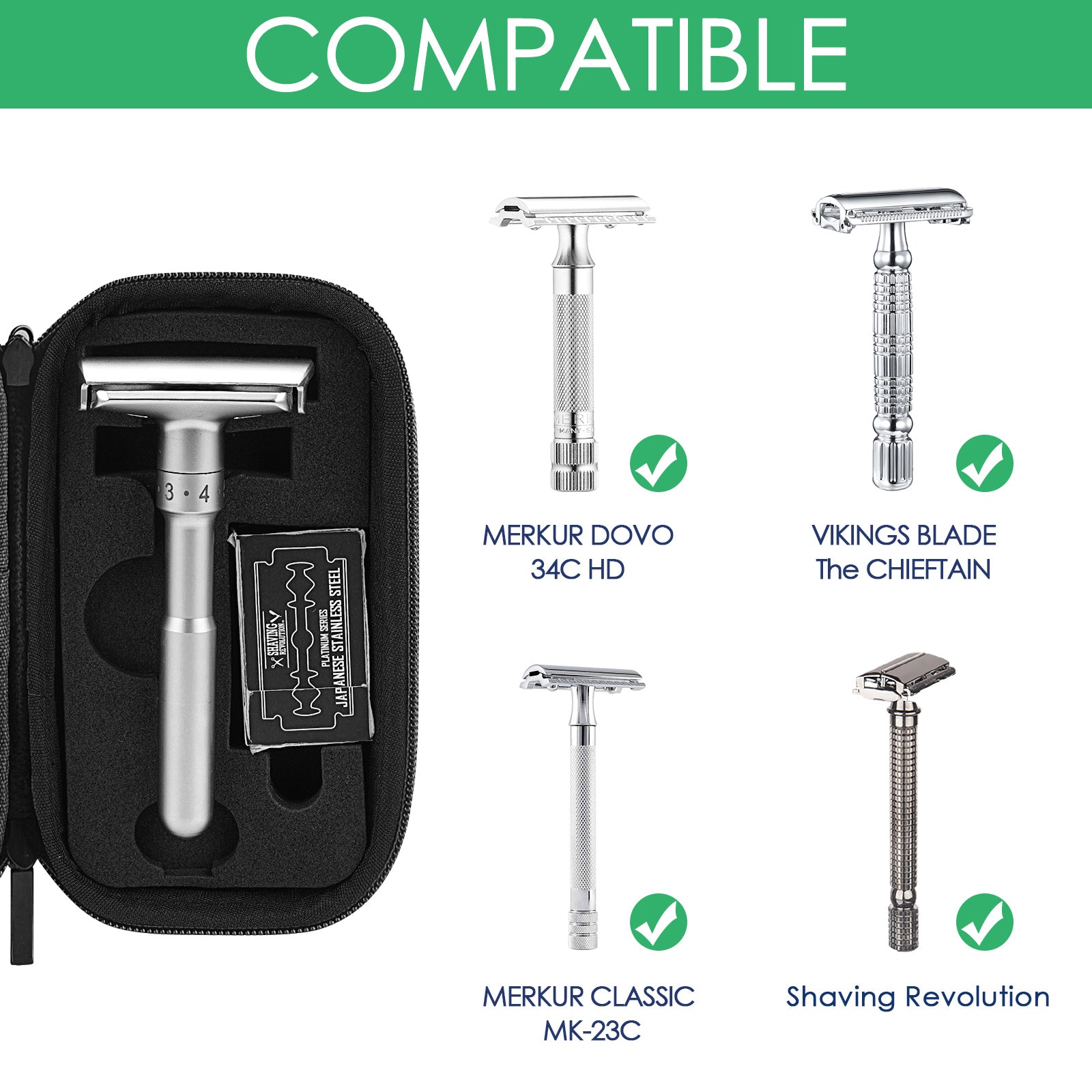 Linkidea Durable Hard Shell Shaving Travel Case, Storage Box for Short/Long Handled Razor Blades & Accessories, Compatible with Merkur, Vikings, WEISHI Double Edge Safety Razors (Black)