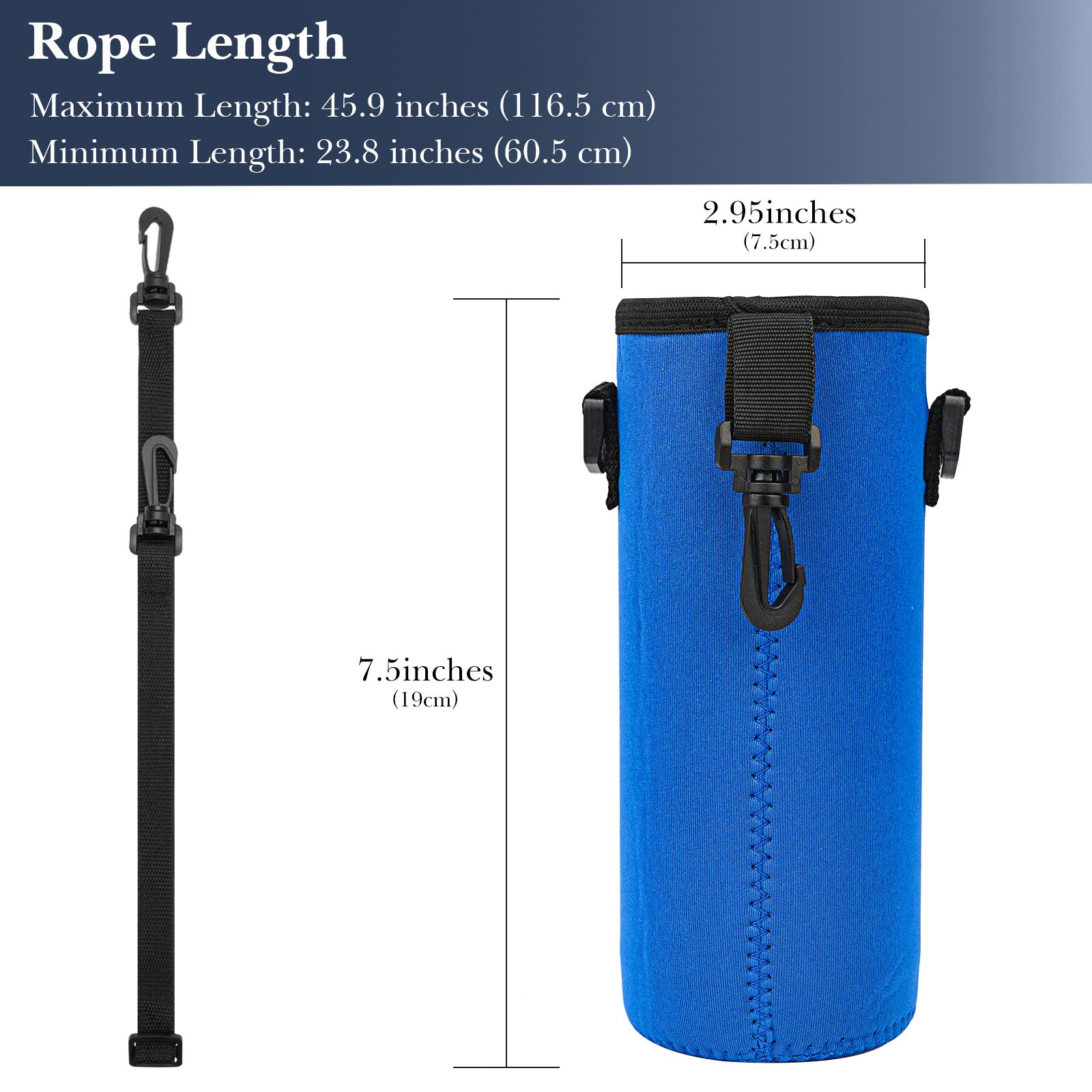 Linkidea Water Bottle Fence Sleeve with Hook Compatible with YETI Rambler Bottle 18oz, Hydro Flask Wide Mouth Bottle 18oz/20oz, Neoprene Bottle Shoulder Strap Bag for Outdoor Sports, Blue