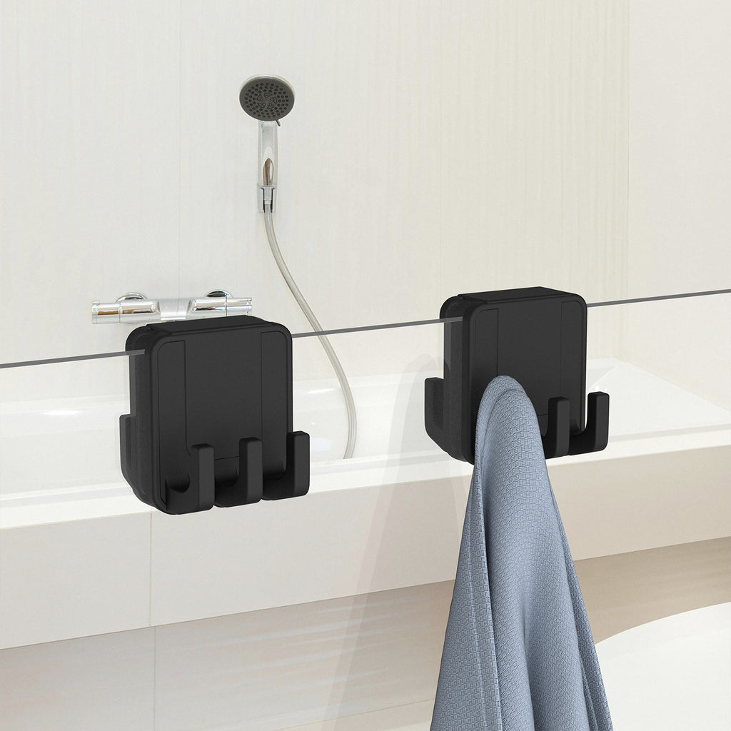 Linkidea 2 Pcs Shower Hooks, Silicone Double Side Towel Hooks for Shower Glass Window & Door, No Drill Strong Adhesive Suction Cup Shower Hooks Hanger (Black)