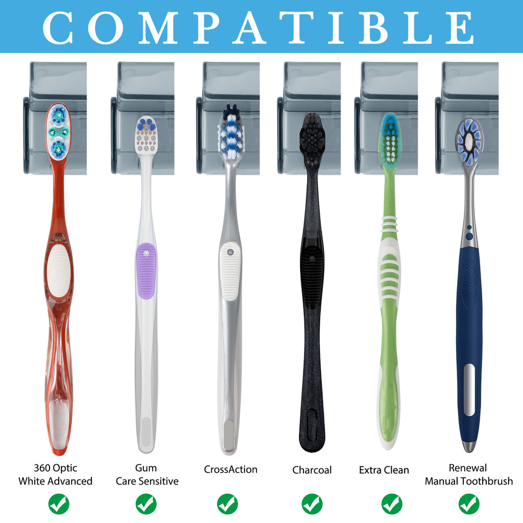 Linkidea 2 Pack Wall Mount Toothbrush Holder with Cover for Bathroom, Shower, Self Adhesive 2 Slots Brush Hanger Compatible with Colgate ExtraClean, Oral-B CrossAction(Grey)