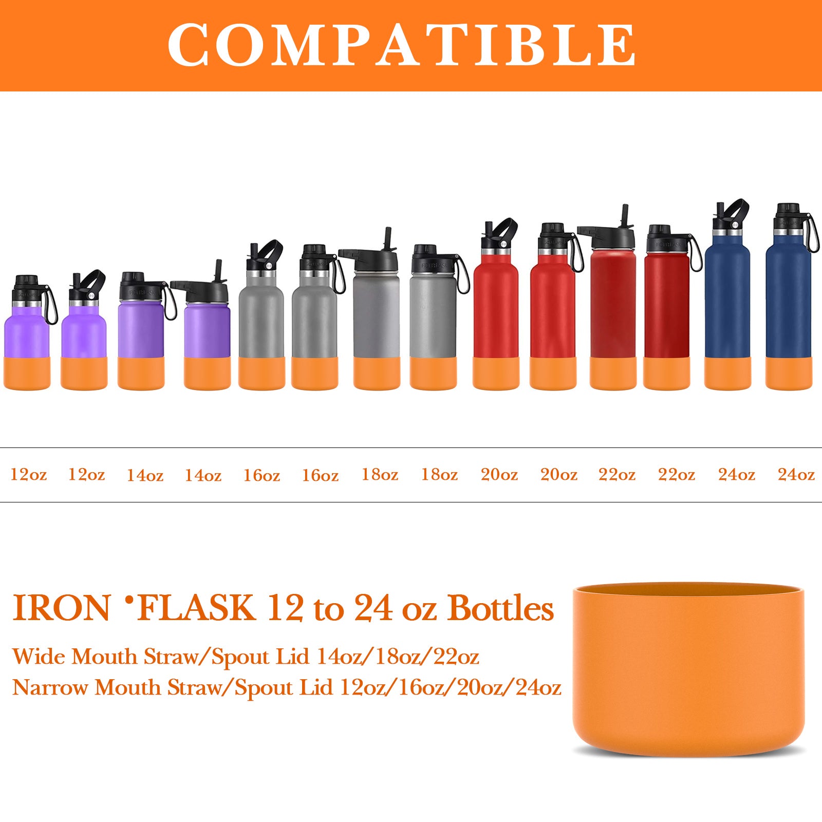 Linkidea 2 Pack Water Bottle Boot Compatible with IRON °FLASK Wide/Narrow Mouth 12oz/14oz/16oz/18oz/20oz/22oz/24oz, Silicone Bottle Bottom Sleeve Cover Bumper Protector (Clementine)