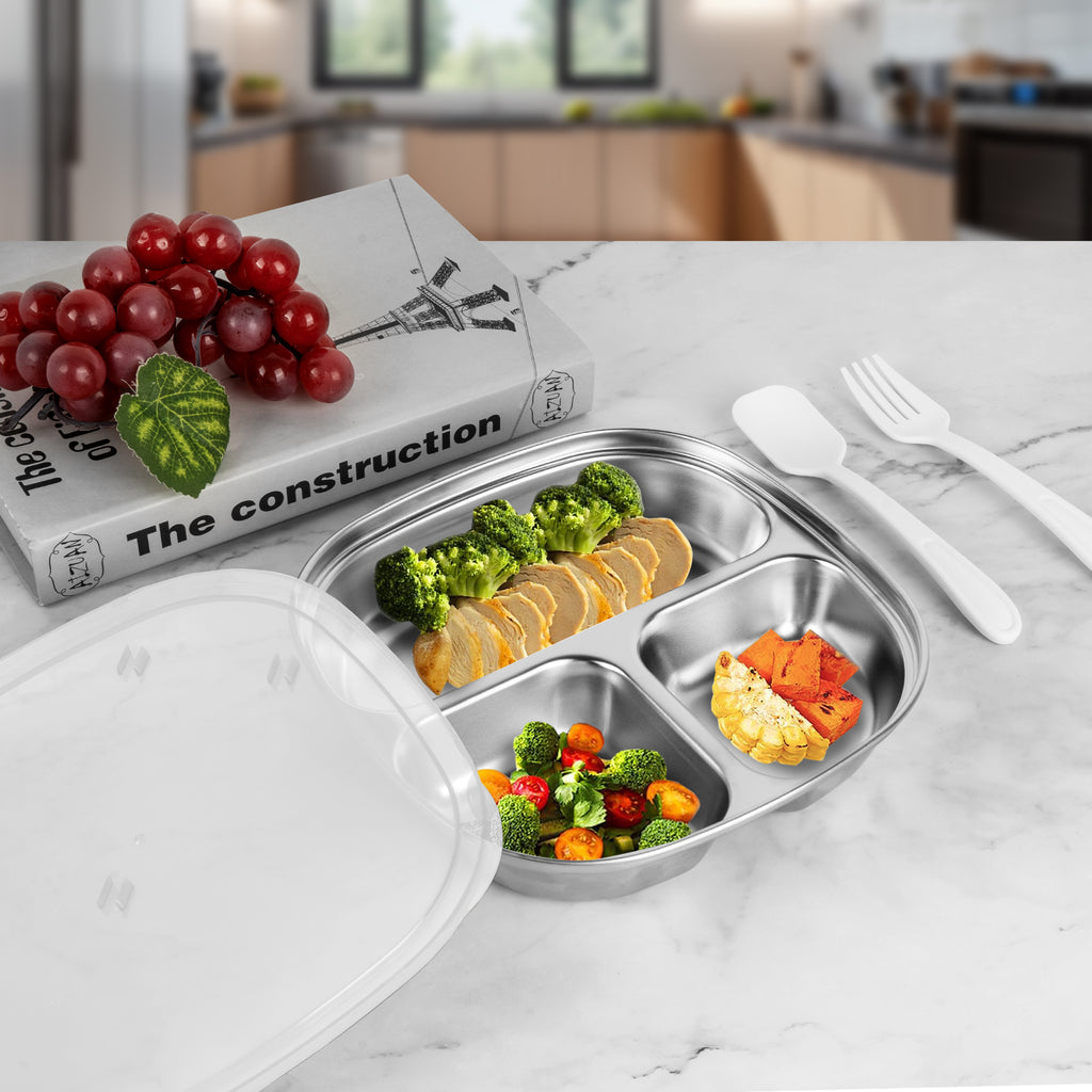Linkidea 2 Pcs Stainless Steel Portion Control Plate, 3 Compartments Divided Plate with Lid, Durable Meal Prep Pan for Adults Suitable for Diet Food Control, Camping Use