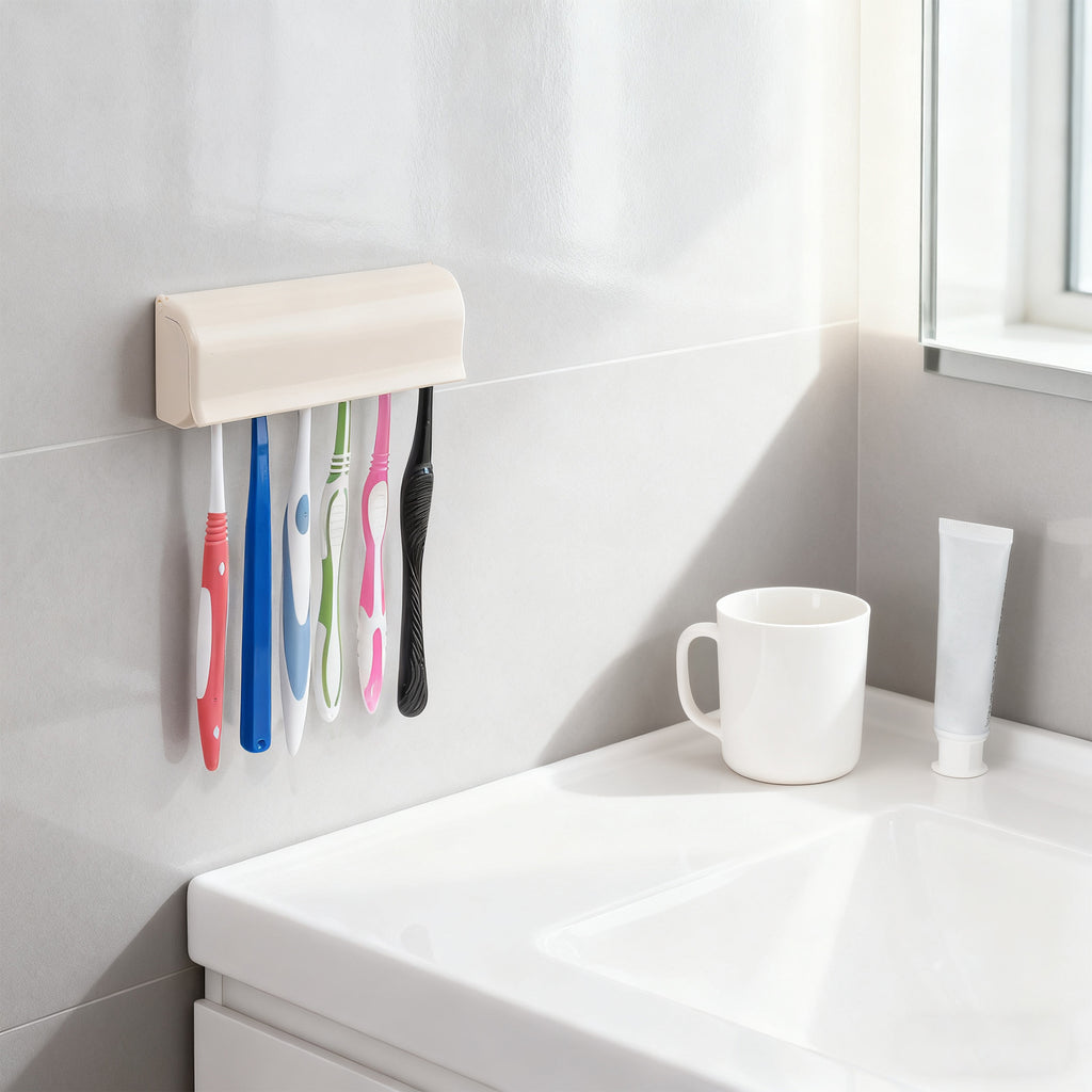 Linkidea Wallmount Toothbrush Holder with Cover for Shower, RV Cabinet Organizer, Plastic Self Adhesive 6 Slots Tooth Brush Hanger Compatible with Oral-B CrossAction, Colgate Extra Clean