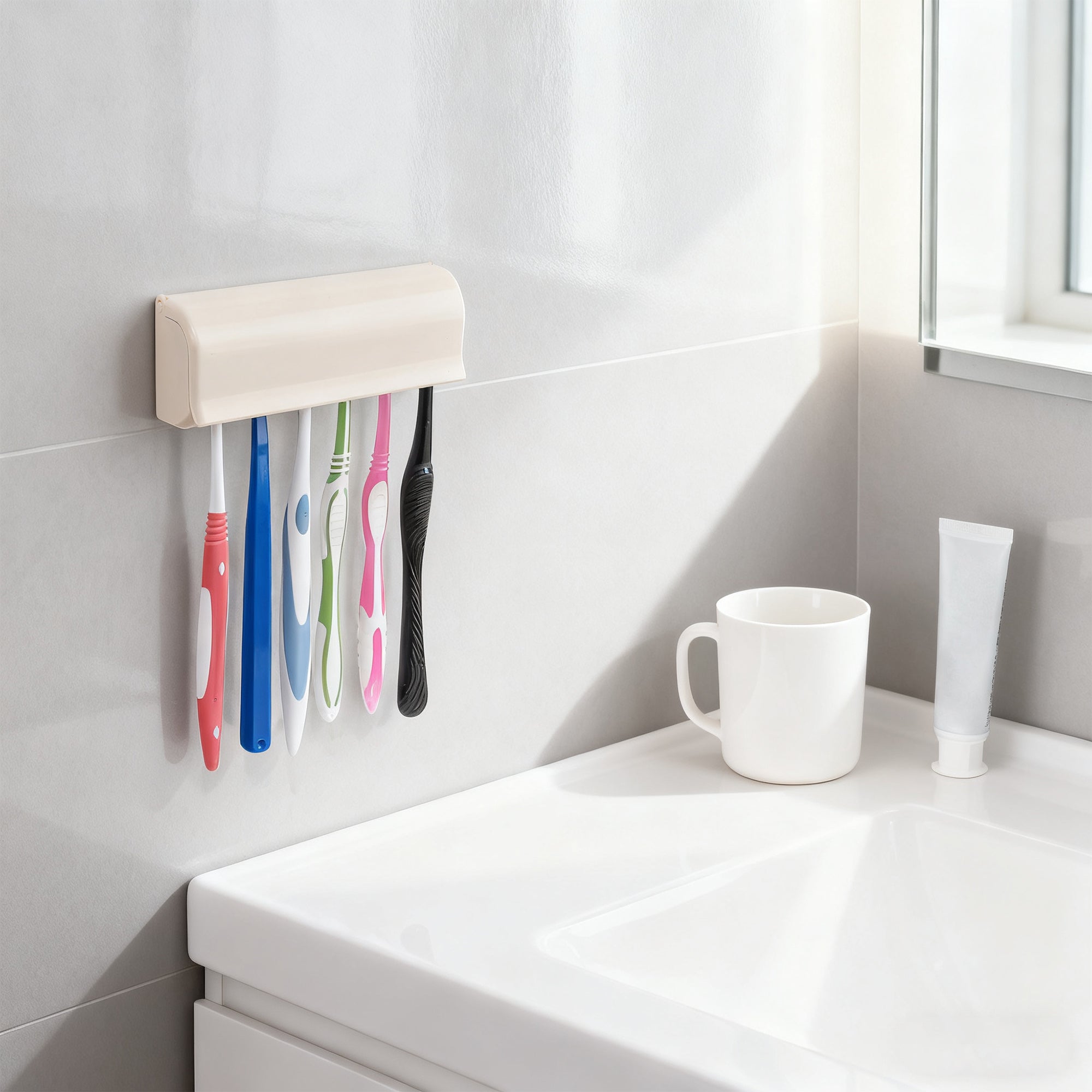 Linkidea Wallmount Toothbrush Holder with Cover for Shower, RV Cabinet Organizer, Plastic Self Adhesive 6 Slots Tooth Brush Hanger Compatible with Oral-B CrossAction, Colgate Extra Clean