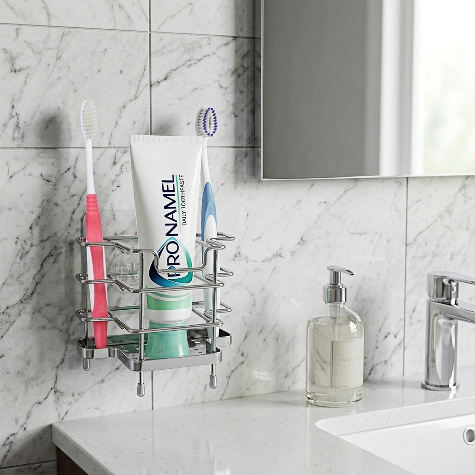 Linkidea Wall Mount Toothbrush Holder, 3 Slots Brush Stand with Drainage Holes Design, Self Adhesive/Countertop Toothpaste Organizer