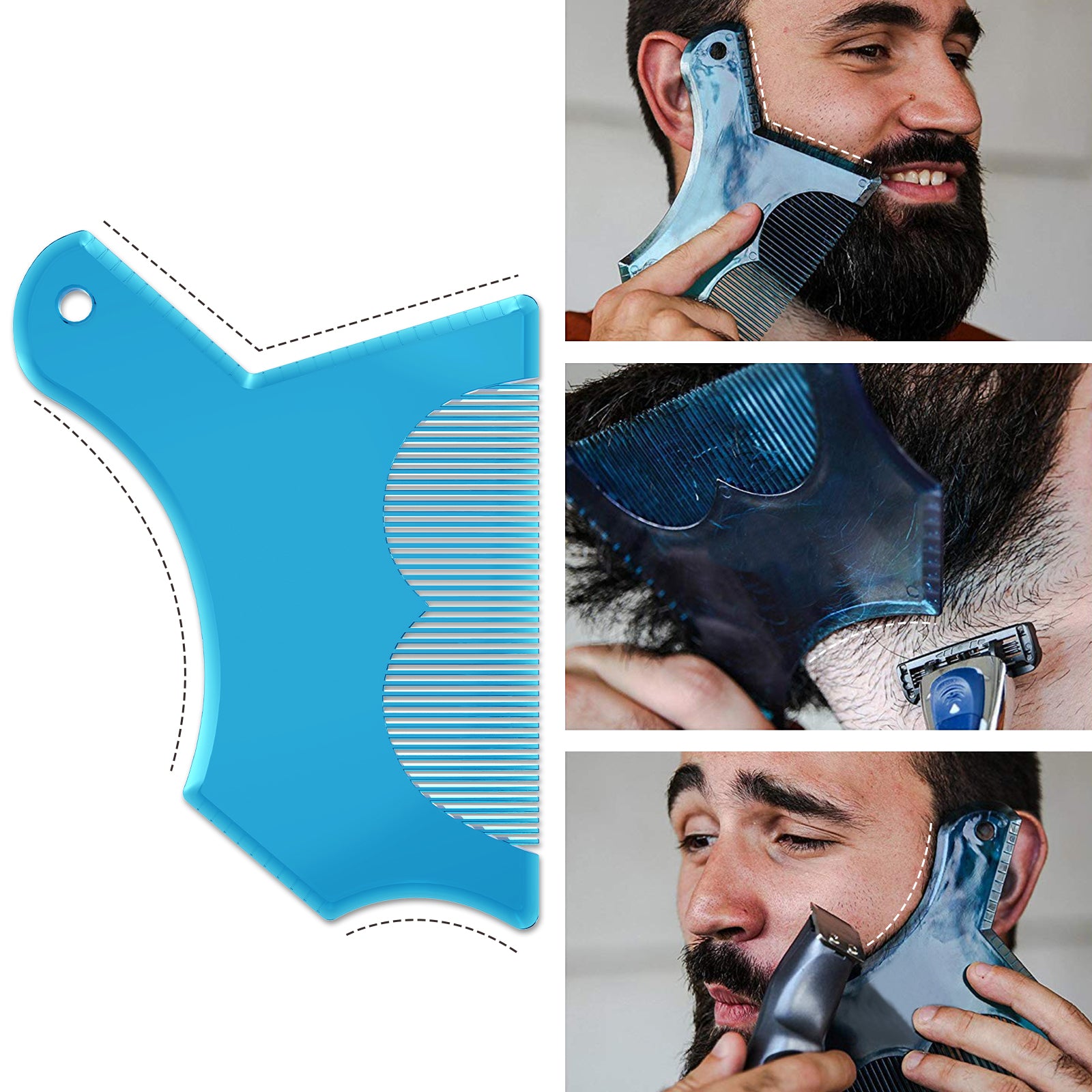 Linkidea Beard Shaping & Styling Tool with Comb, Beard Trimmer Template for Men, Clear Mustache Sideburns Outliner Stencil Lineup for Jaw Cheek Neck (Blue)