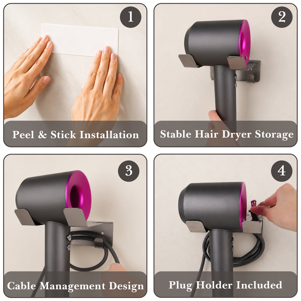 Linkidea Wall Mounted Hair Dryer Organizer for Bathroom, Stainless Steel Hair Tool Holder with Cord Storage, Compatible with Dyson Supersonic Origin/Nural and REVLON RVDR5264 (Silver)
