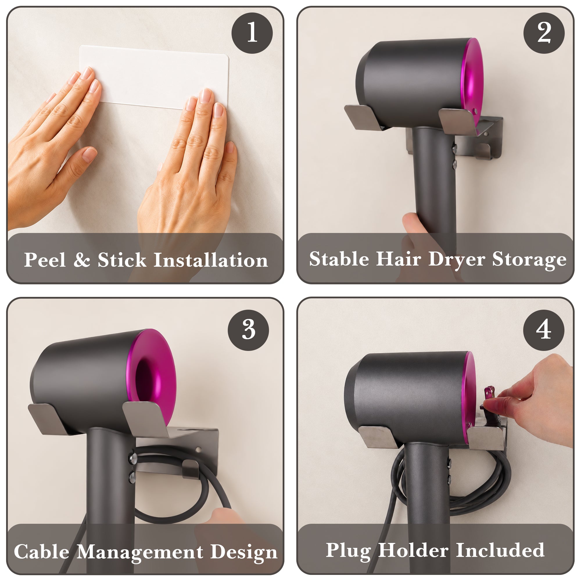 Linkidea Wall Mounted Hair Dryer Organizer for Bathroom, Stainless Steel Hair Tool Holder with Cord Storage, Compatible with Dyson Supersonic Origin/Nural and REVLON RVDR5264 (Silver)