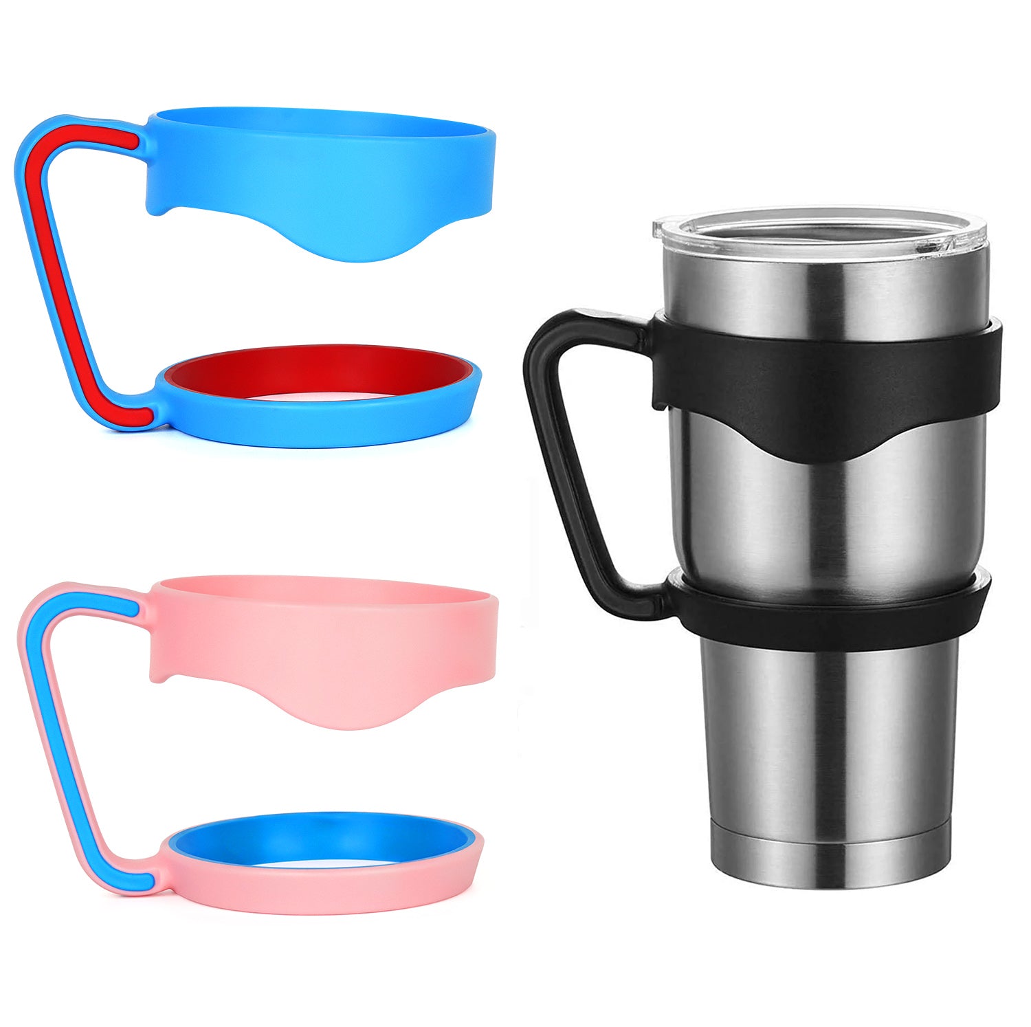 Linkidea 3 Pack Tumbler Handle Compatible with 30oz YETI Rambler, OZARK TRAIL Tumbler, Portable Anti Slip Travel Mug Grip (Black, Pink, Blue)