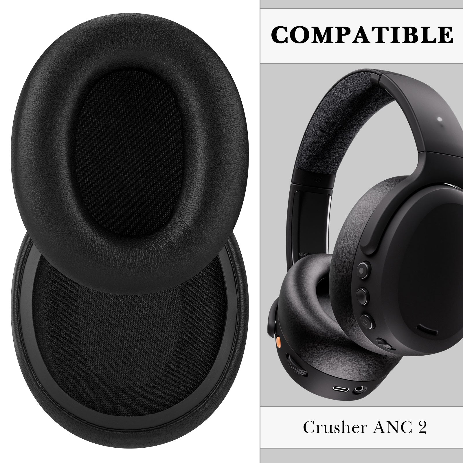 Linkidea Replacement Ear Pads for Skullcandy Crusher ANC 2 Headphones, Cushions, Covers (Protein Leather / Black)
