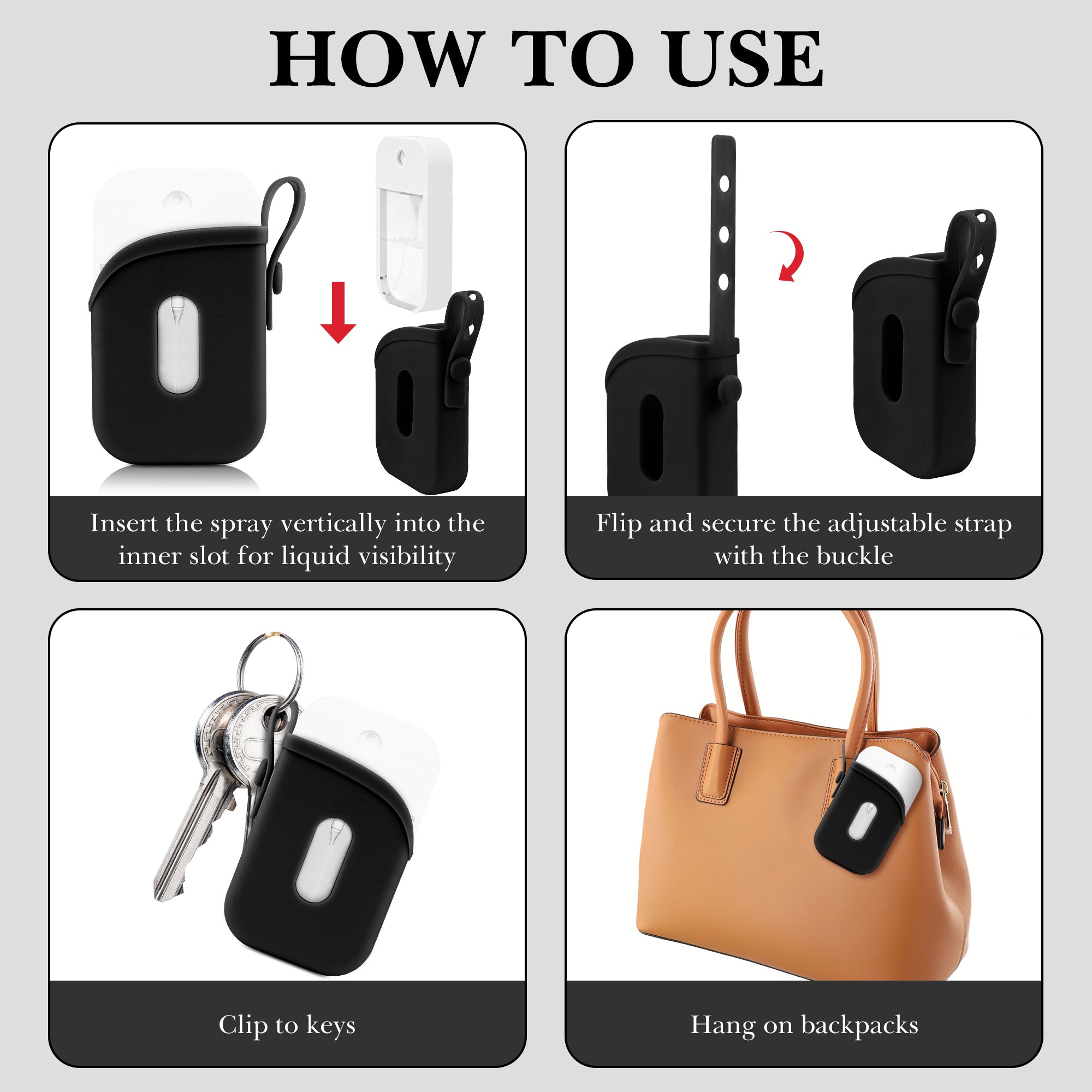 Linkidea Silicone Sanitizer Storage Case, Portable Travel Accessories, Exact Size of Container Compatible with 1 FL OZ Touchland, Fashion Accessory with Belt Fits Daily Use (Black)