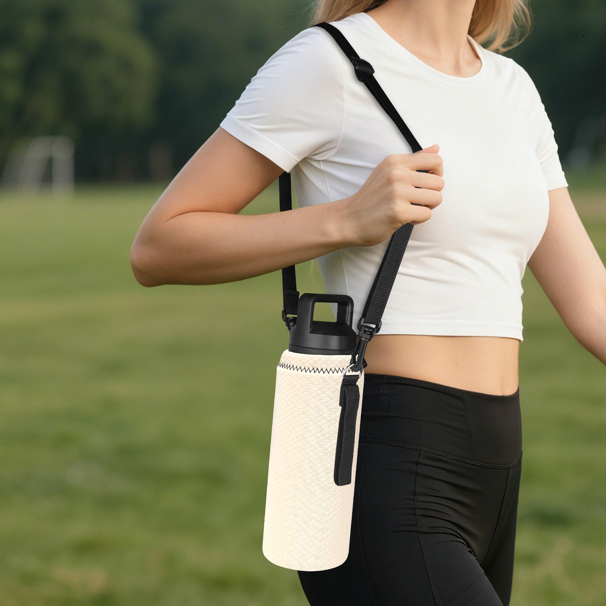 Linkidea Water Bottle Carrier with Strap Compatible with YETI Rambler Bottle 26oz, Waterbottle Sling Bag Holder with Shoulder Strap, Off White