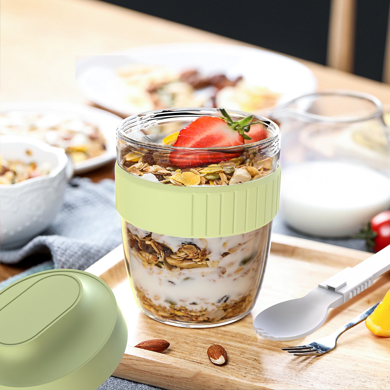 Linkidea Overnight Oats Containers with Lids, 19.2 oz Airtight Plastic Yogurt Cups with Spoons and Lids, Portable Overnight Oats Container for Milk, Cereal, Fruit, Yogurt, Fits Work/Picnic (Green)