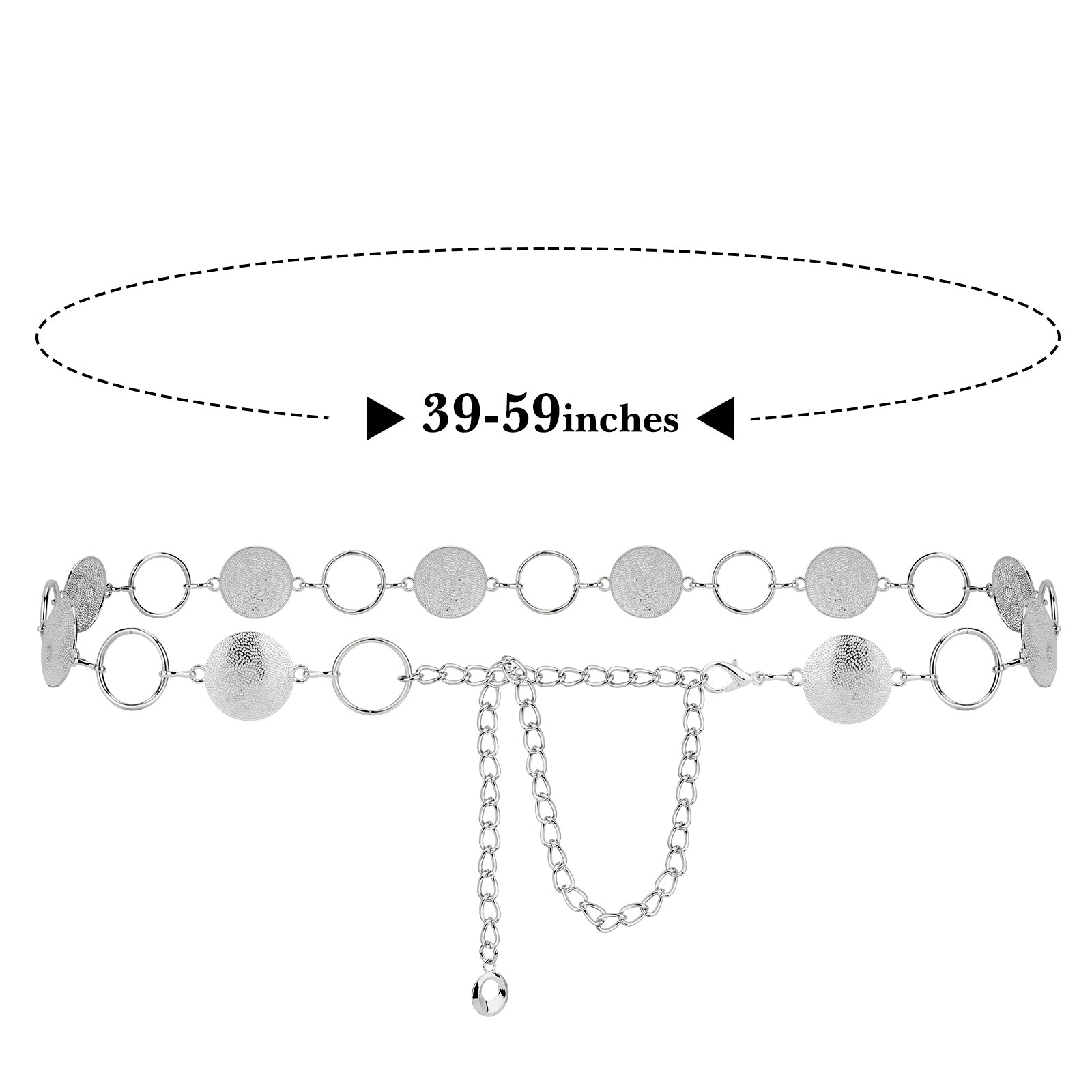 Plus Size Chain Belt for Women, Round Pieces Metal Chain Belt Women Belly Waist Chains, Extra Long Body Chain, 39-59 Inch Adjustable Chunky Belt Chain (XXL, Silver)