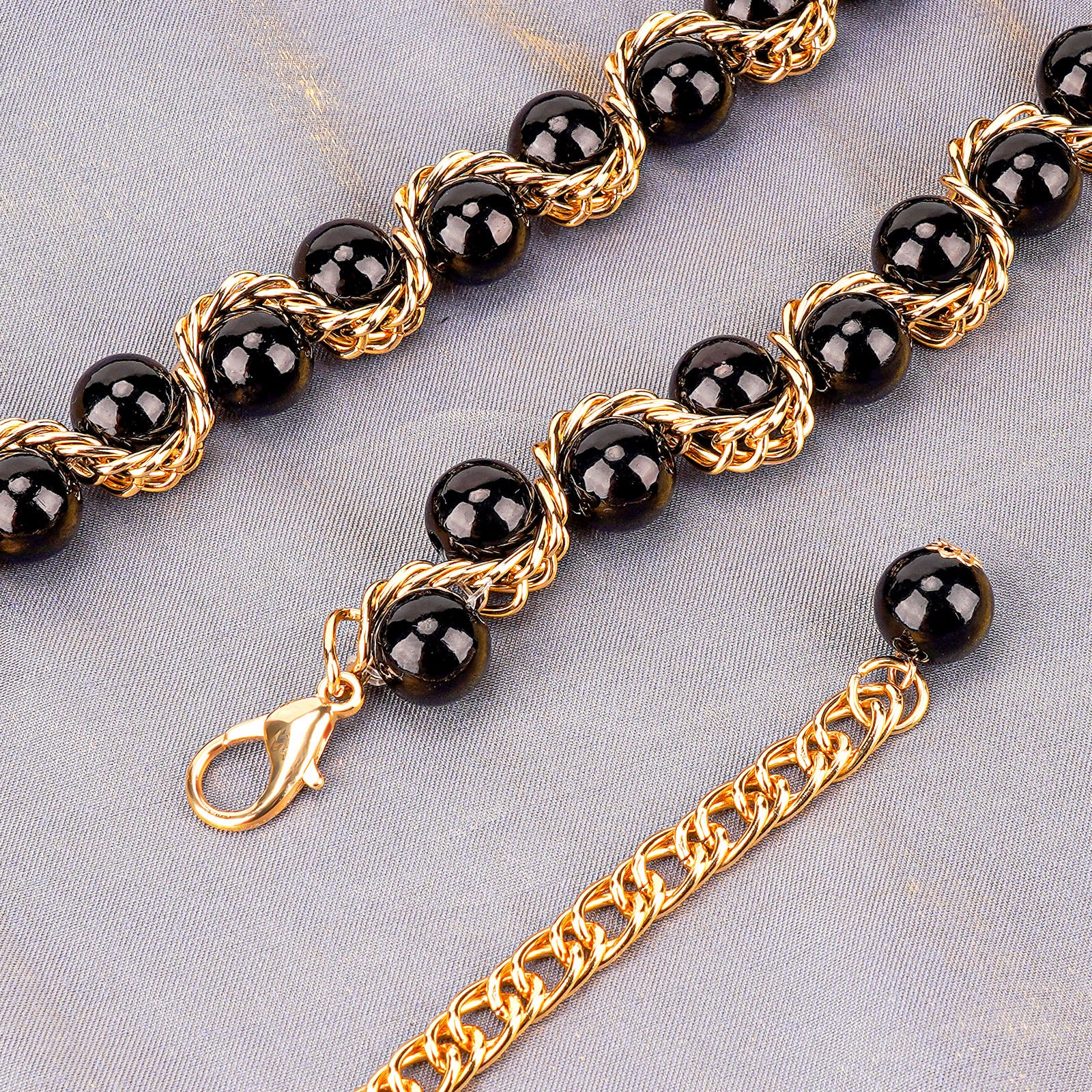 Plus Size Chain Belt for Women, Gold Color and Black Faux Pearl Waist Chains, Extra Long Body Chain, 59-78 Inch Adjustable Chunky Belt Chain (XXXL, Black)