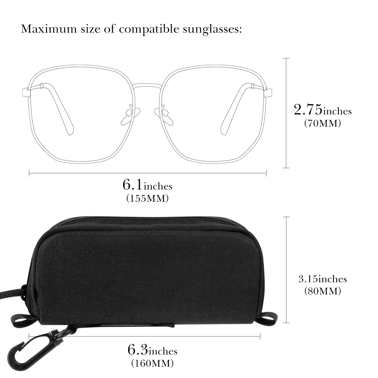 Extra Large Hard Shell Sunglasses Case with Hook, Oversized Sun Glasses Storage Organizer Compatible with DIOR EverDior A1U 30Montaigne BU Missdior B1U (XXL / Black)