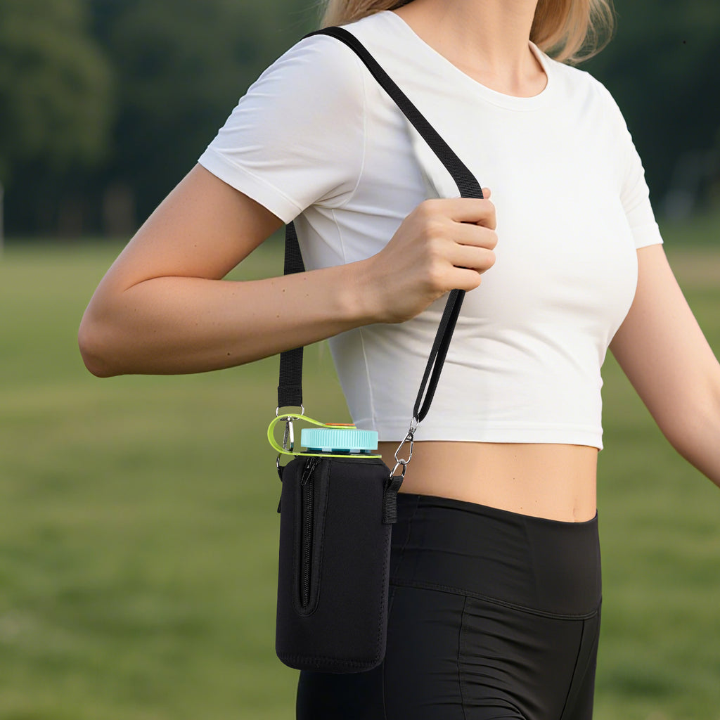Linkidea Water Bottle Carrier with Strap Compatible with Nalgene Sustain Wide Mouth 32oz, Neoprene Waterbottle Sling Bag Holder with Clip for Backpack Fence, Black