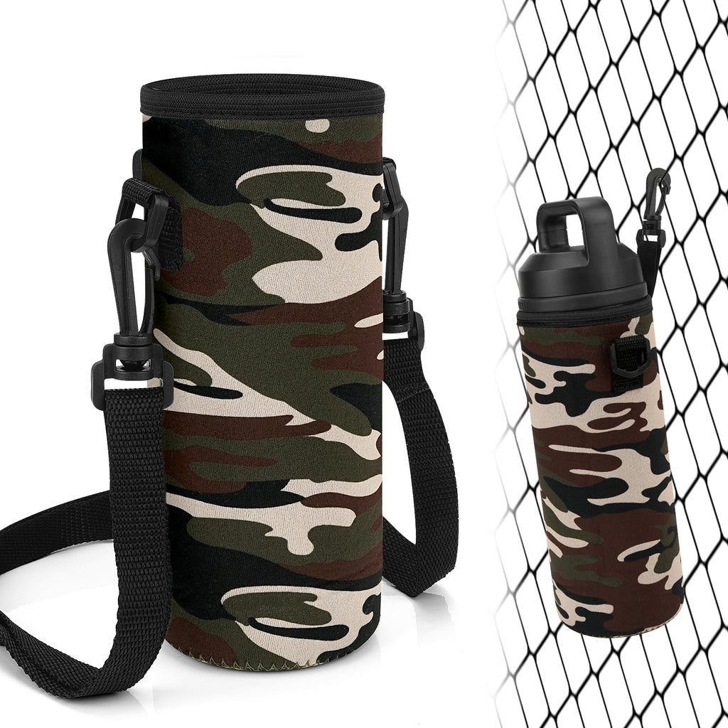 Linkidea Water Bottle Fence Sleeve with Hook Compatible with YETI Rambler Bottle 18oz, Hydro Flask Wide Mouth Bottle 18oz/20oz, Neoprene Bottle Shoulder Strap Bag for Outdoor Sports, Camo