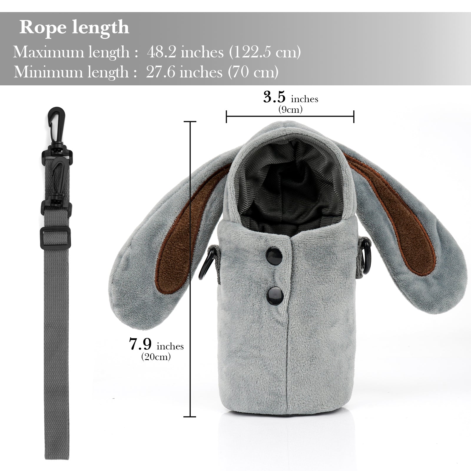 Linkidea Plush Water Bottle Carrier with Strap Compatible with Thermos FUNTAINER Steel/Tritan 12oz/16oz, Warm Gray Rabbit Waterbottle Sling Bag Holder with Shoulder Strap