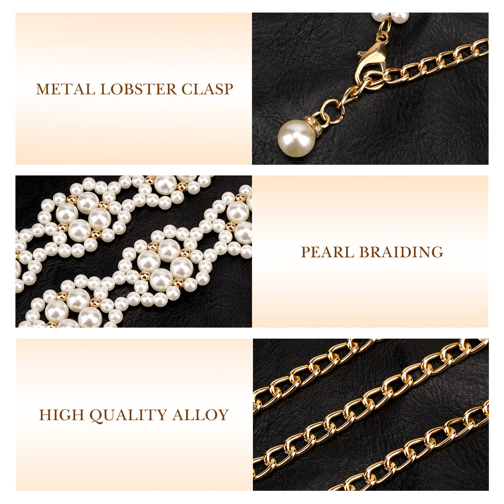 Large Waist Belt for Women, 26.8-39.4 Inch Metal Adjustable Chunky Waist Chains, Gold Color and White Pearl Fashion Jewelry Accessory