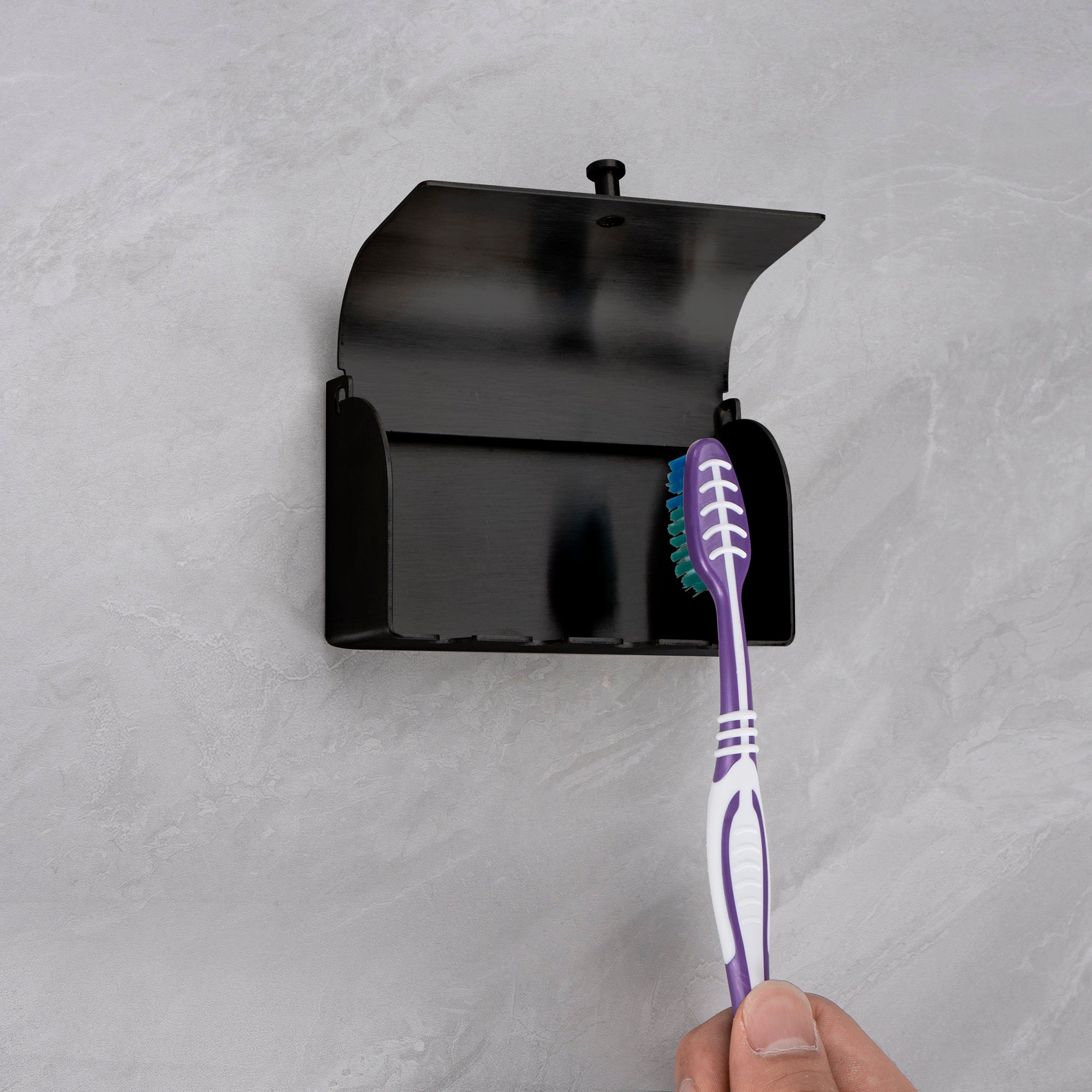Linkidea Wall Mount Toothbrush Holder for Shower, Stainless Steel Adhesive Hanger, 4 Slots Organizer Compatible with Colgate Extra Clean, Oral-B CrossAction (Black)