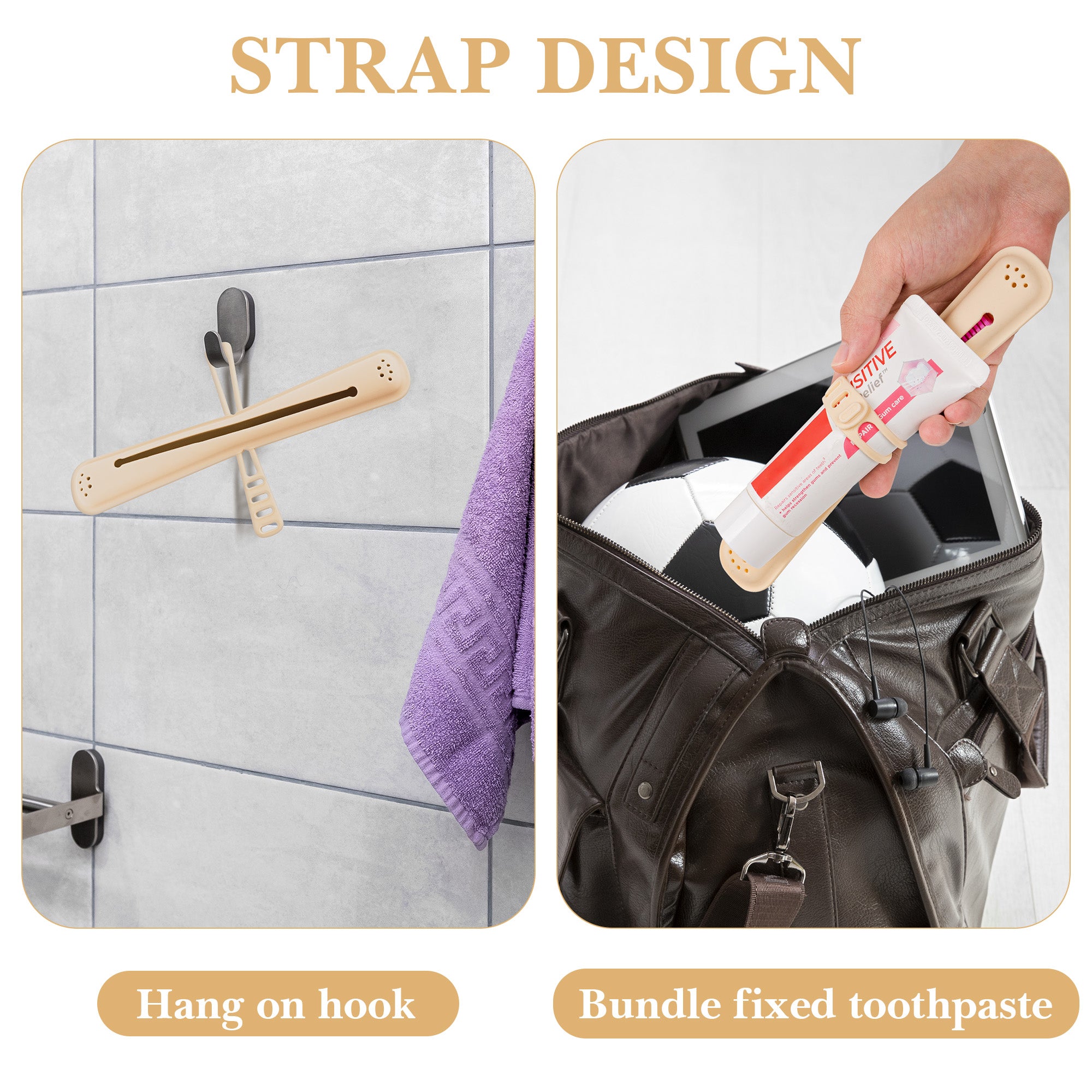 Linkidea Manual Toothbrush Travel Case with Strap for Toothpaste, Silicone Brush Container, Protective Storage Compatible with Oral-B CrossAction, Colgate 360 Optic White Advanced (Beige)