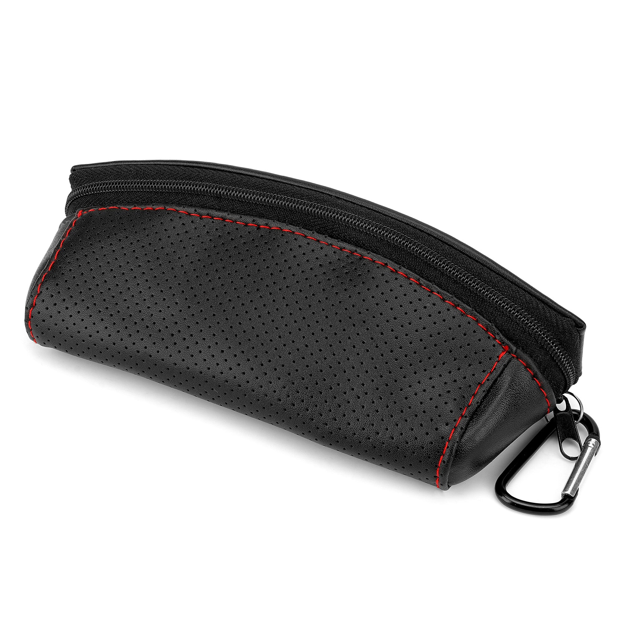 Sunglasses Pouch Bag with Carabiner, Black Vegan Leather Sunwear Storage, Travel Soft Sunglasses Case Holder Compatible with Rayban RB4394M/RB8360M/RB2140/RB2140