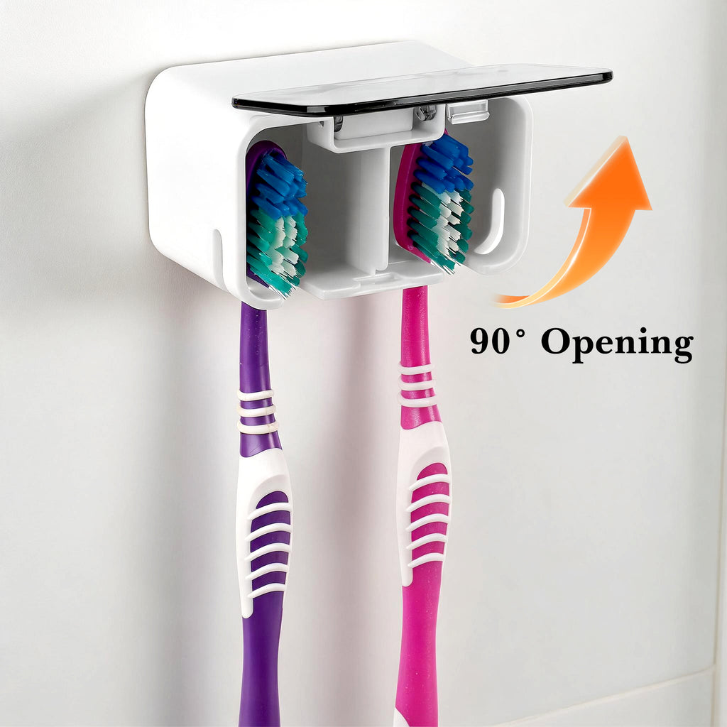 Linkidea 2-Pack Self-Adhesive Toothbrush Holder with Light Gray Cover, Dustproof Dual Slots Brush Holder for Shower, Compatible with Colgate Renewal, Oral-B CrossAction Toothbrush