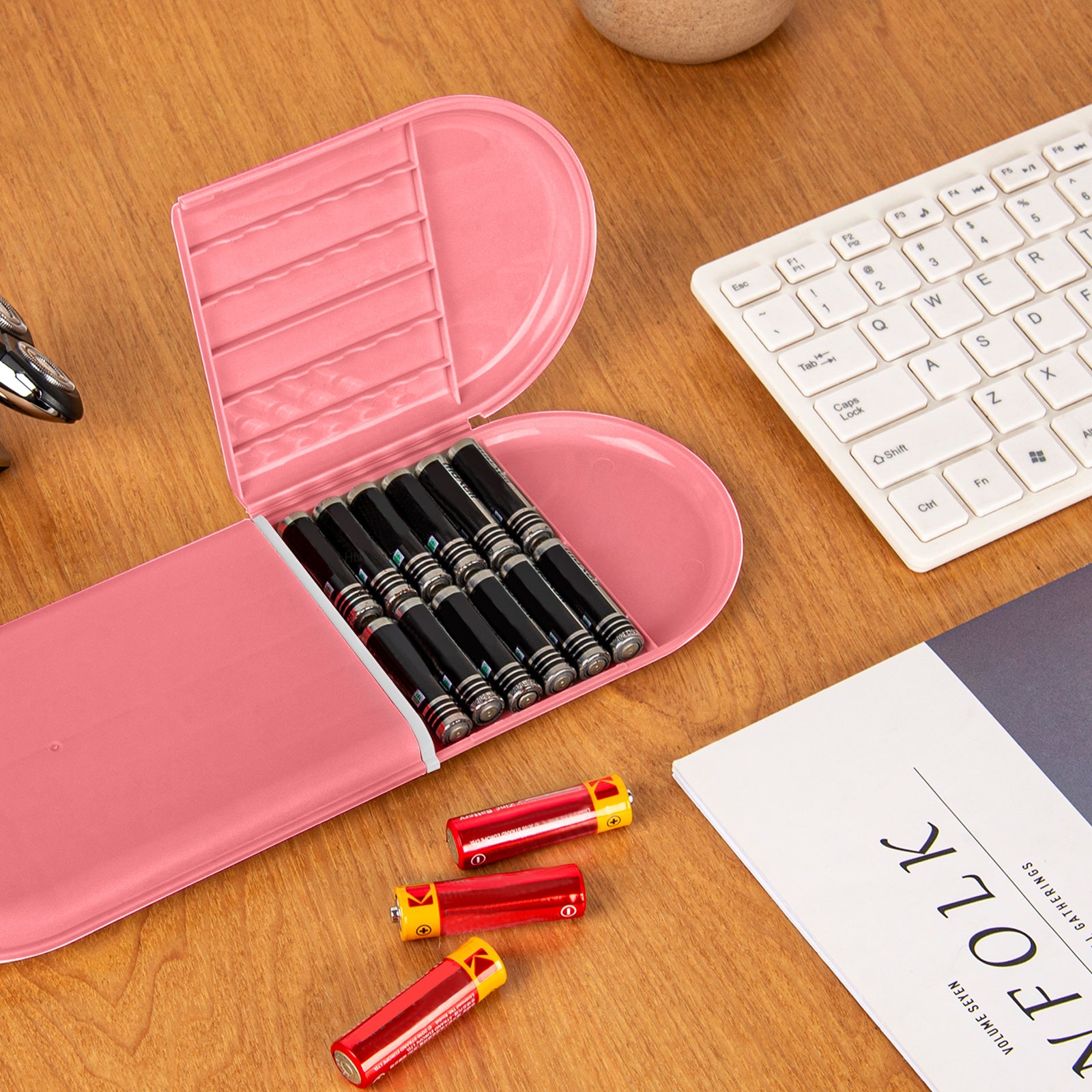 Linkidea Battery Storage Case with Tester, Portable Battery Organizer Compatible with 12 AA, 12 AAA Batteries, Single Layer Battery Box (Pink)