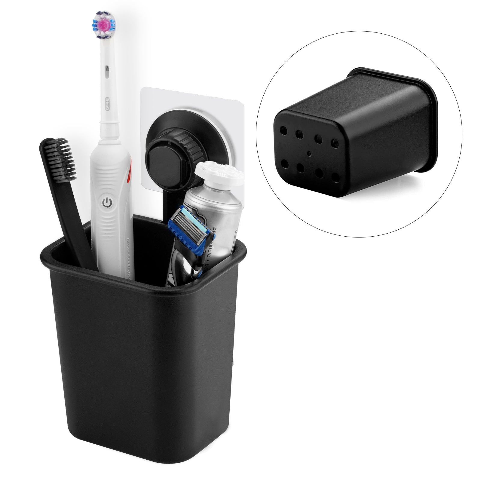 Linkidea Toothbrush Holder Self Adhesive Wall Mounted for Bathroom Shower Wall, Shaver Razor Holder Hanger, Electric / Battery Toothbrush and Toothpaste Organizer, No Drill or Nail Needed (Black)