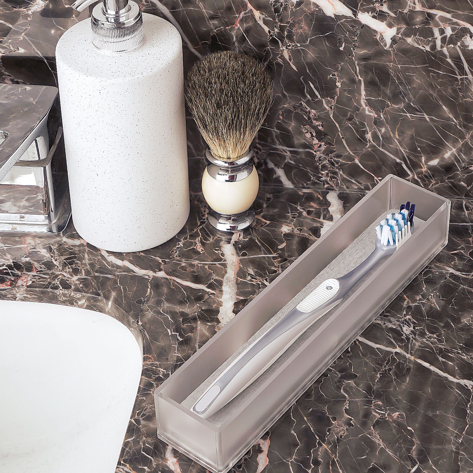 Linkidea Acrylic Toothbrush Holder with Diatomite Drying Stone, Bathroom Drawer Organizer with Drainage Hole for Tooth Brush, Compatible with Colgate Extra Clean, Oral-B CrossAction