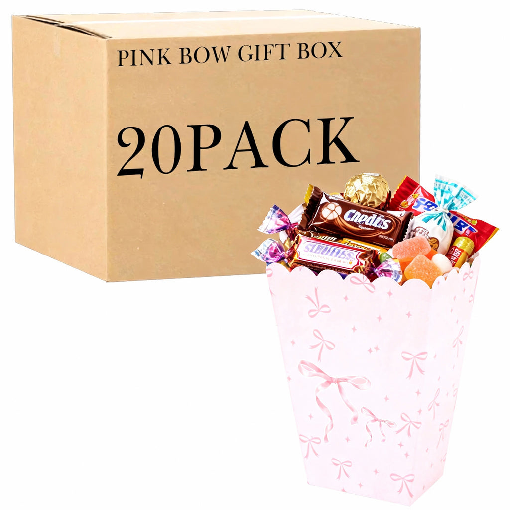 Linkidea 20 Pcs Pink Popcorn Boxes with Bows, Candy Treat Cases for Party Favors, Compact Gift Boxes for Girls Birthday, Cheerleading, Bachelorette Party Supplies