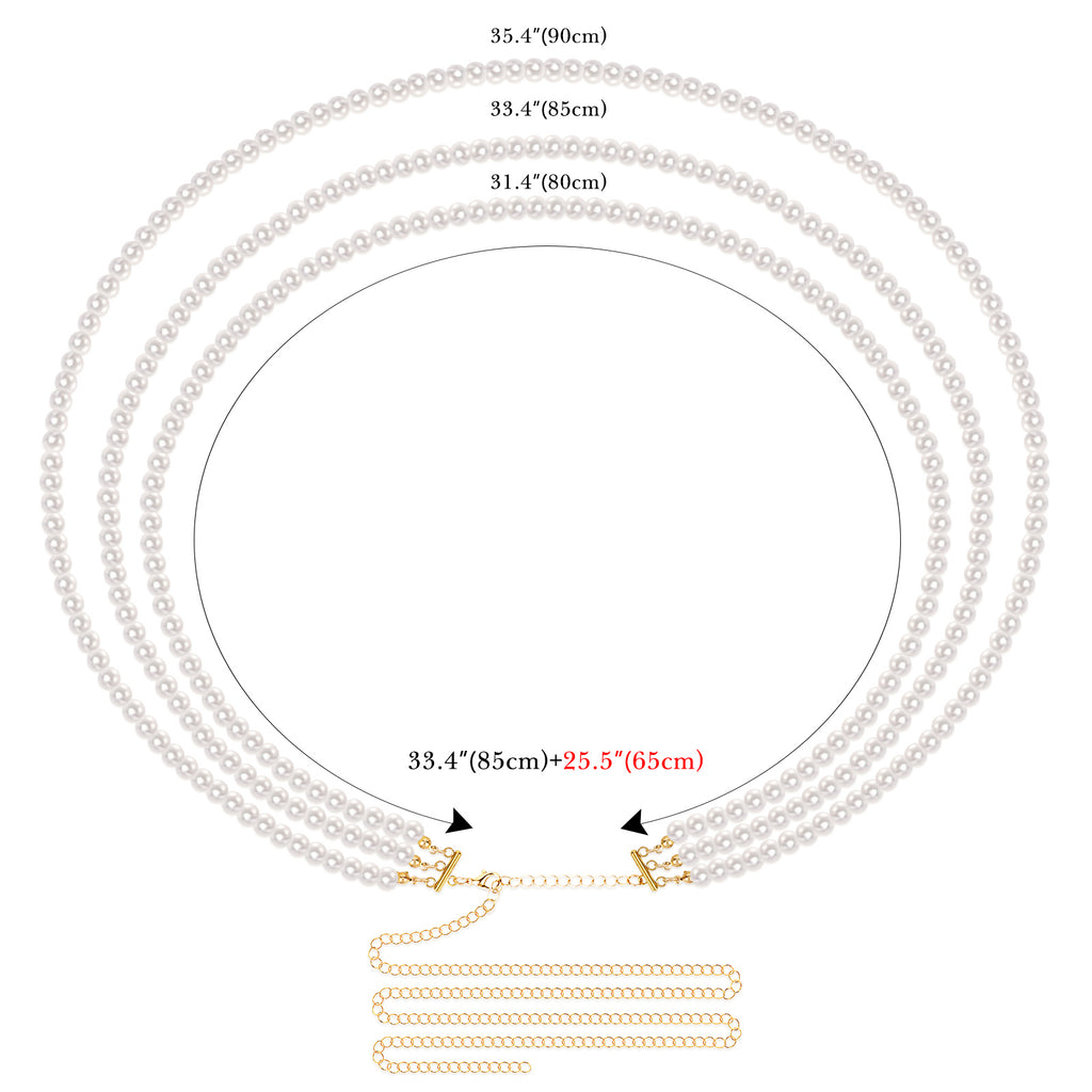 Plus Size Chain Belt for Women, 3 Layers White Pearl Waist Chains, Extra Large Body Chain, 33.4-59 Inch Adjustable Chunky Belt Chain