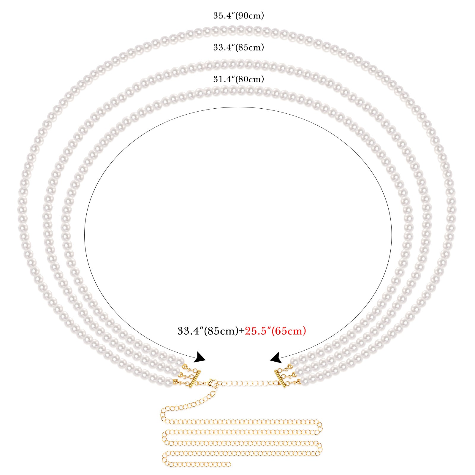 Plus Size Chain Belt for Women, 3 Layers White Pearl Waist Chains, Extra Large Body Chain, 33.4-59 Inch Adjustable Chunky Belt Chain
