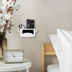 Linkidea Self-Adhesive Wall-Mounted Remote Control Holder with Phone Slot and Side Hooks, No-Drill Plastic Organizer for Small Items (White)