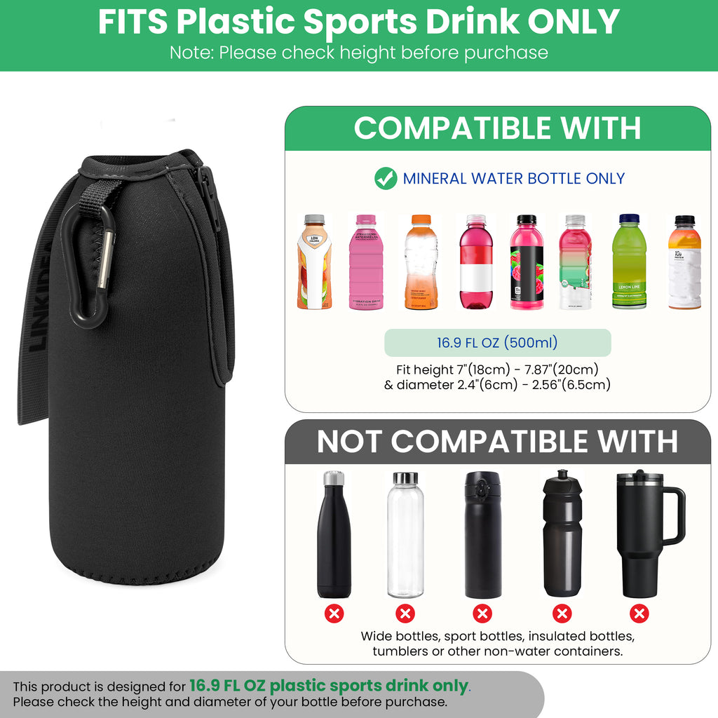 Linkidea 2 Pack Disposable Water Bottle Sleeve Compatible with 16.9 Fl Oz PRIME Hydration, BODYARMOR, Gatorade Fit, Insulated Neoprene Plastic Sports Drink Cover with Lockable Zipper, Black