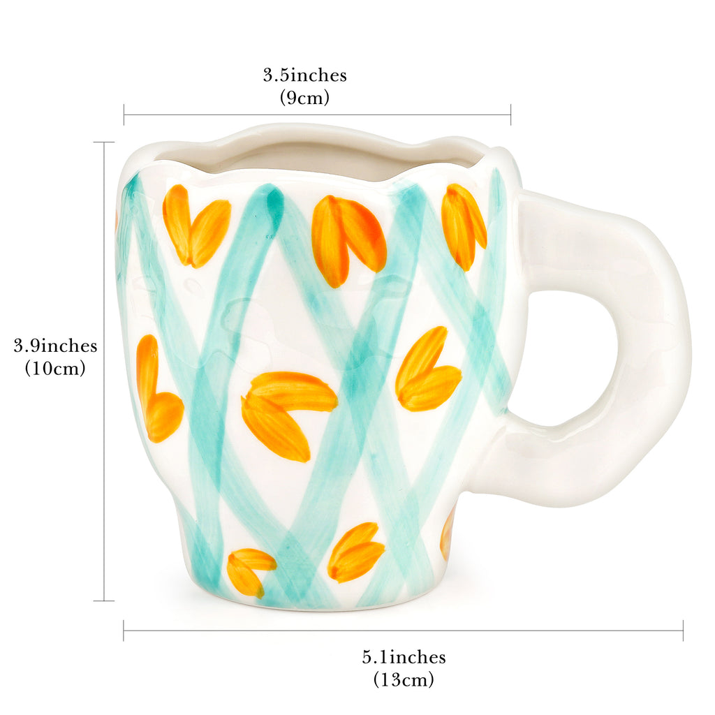 Linkidea Ceramic Coffee Mug, 12oz/350ml Hand-Painted Irregular Coffee Cup, Novelty Teacups with Handles for Beer, Latte, Hot Cocoa, Microwave and Dishwasher Safe (Green Heart Stripes)