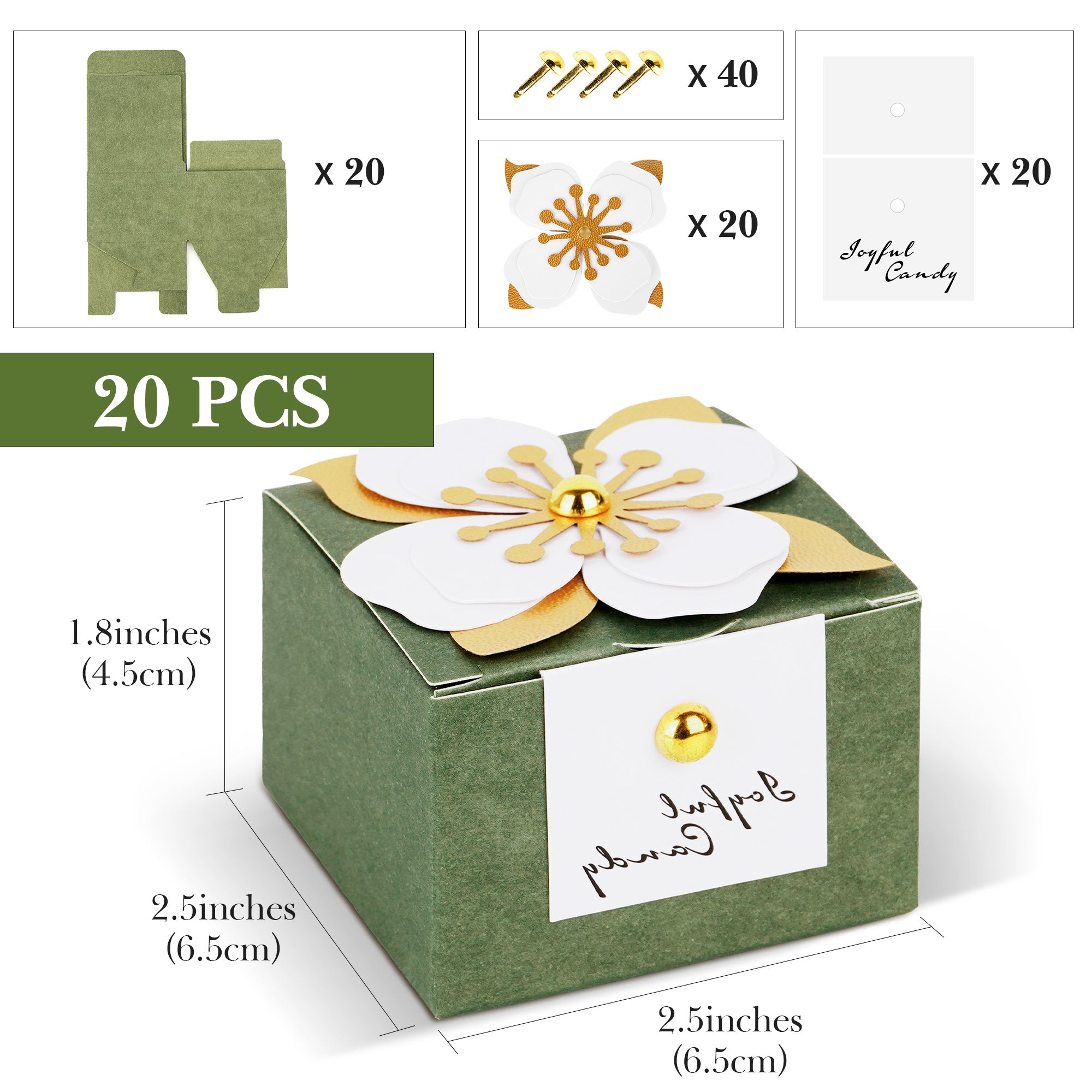 Linkidea 20 Pcs Green Floral Folding Candy Gift Boxes 2.55" x 2.55" x 1.77" for Wedding Favors, Elegant Party Thank You Boxes with Tags
