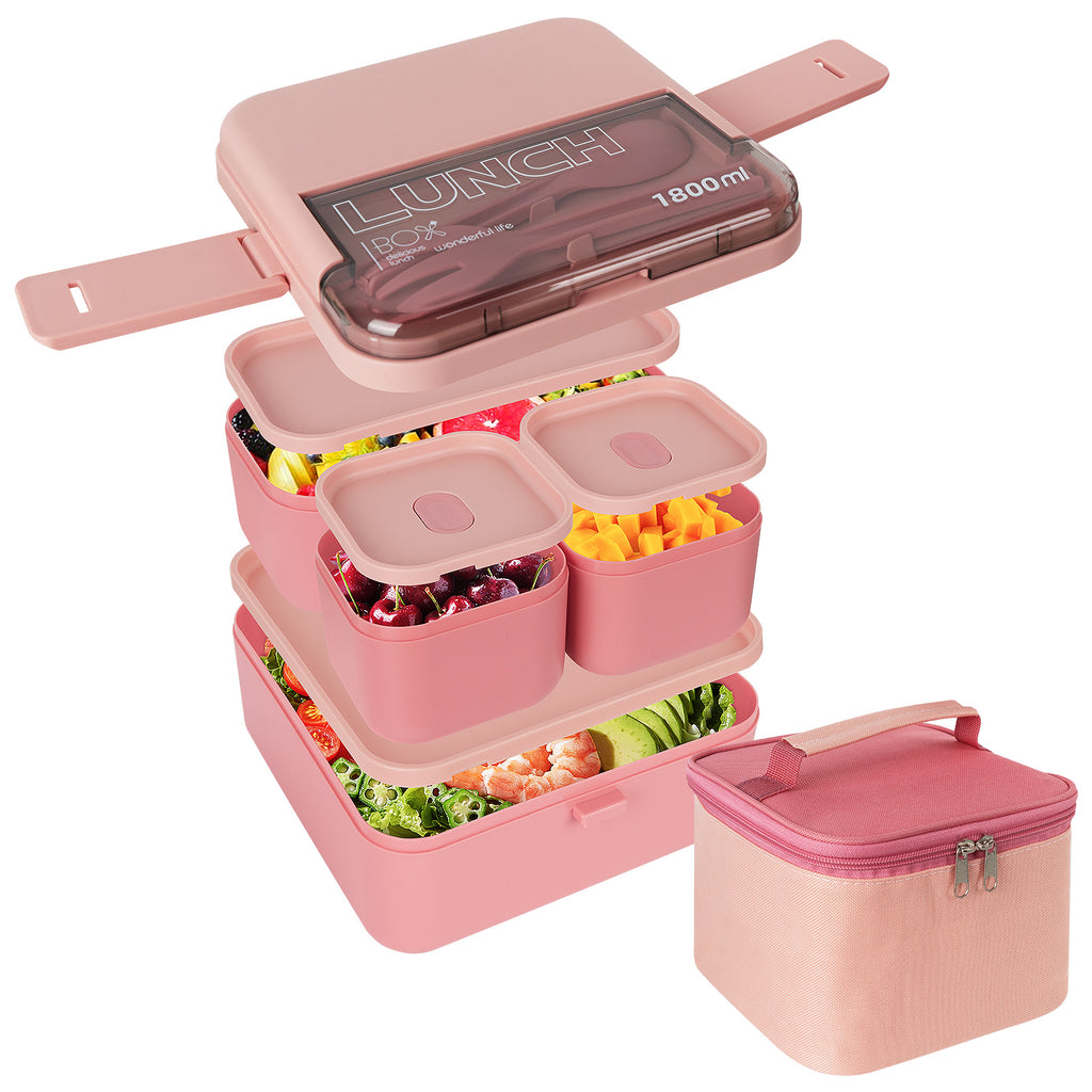 Linkidea Bento Box with Lunch Bag, Reusable Food Container with 2 Layers Multi Compartment and Flatware, Storage Box with Leak-Proof Lids Safe in Microwave/Dishwasher/Freezer (1800ML, Pink)