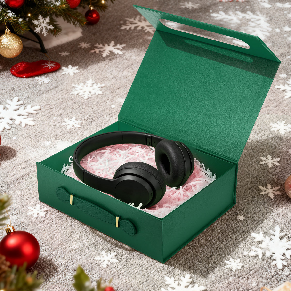 Linkidea Quick Assemble Magnetic Gift Box, Foldable Rigid Gift Box with Shredded Paper Filler, Gift Packaging for Over-Ear Headphones & Electronics (Green)