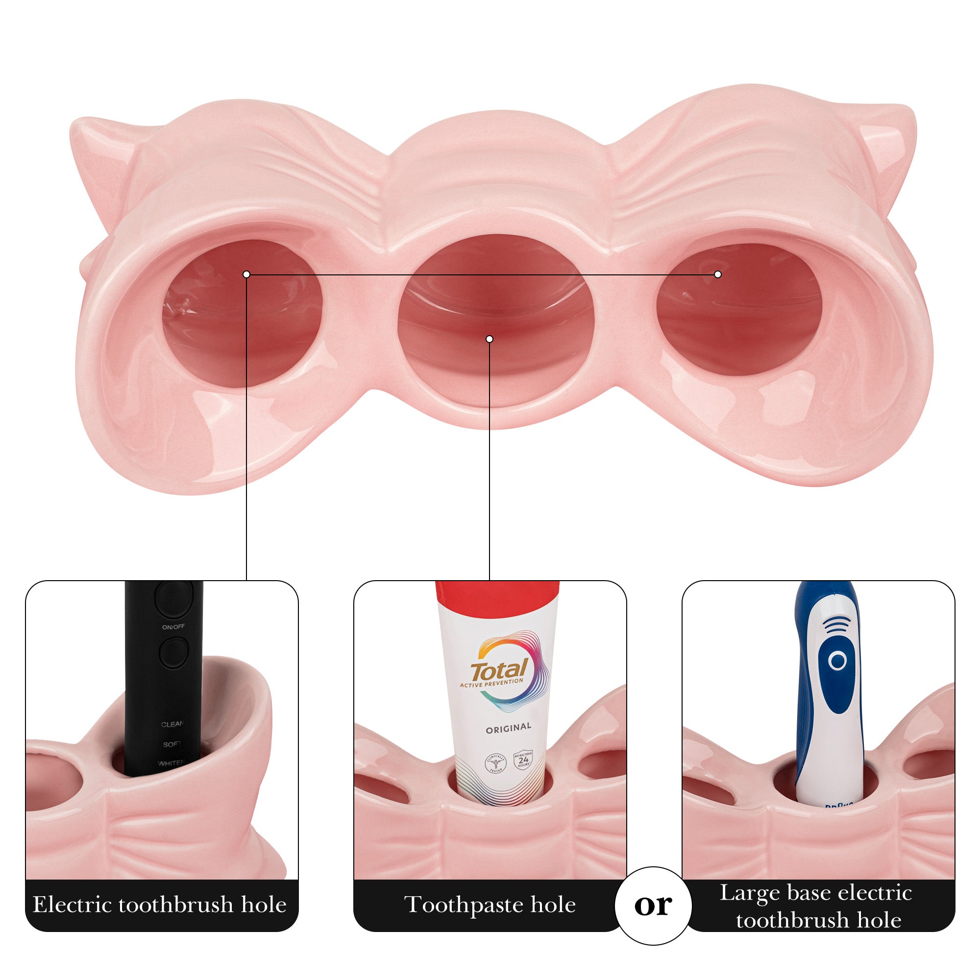 Linkidea Countertop Electric Toothbrush Holder for Bathroom, Bowtie Ceramic Vanity Organizer Stand Compatible with Oral-B iO Series, Philips Sonicare ProtectiveClean (Pink)