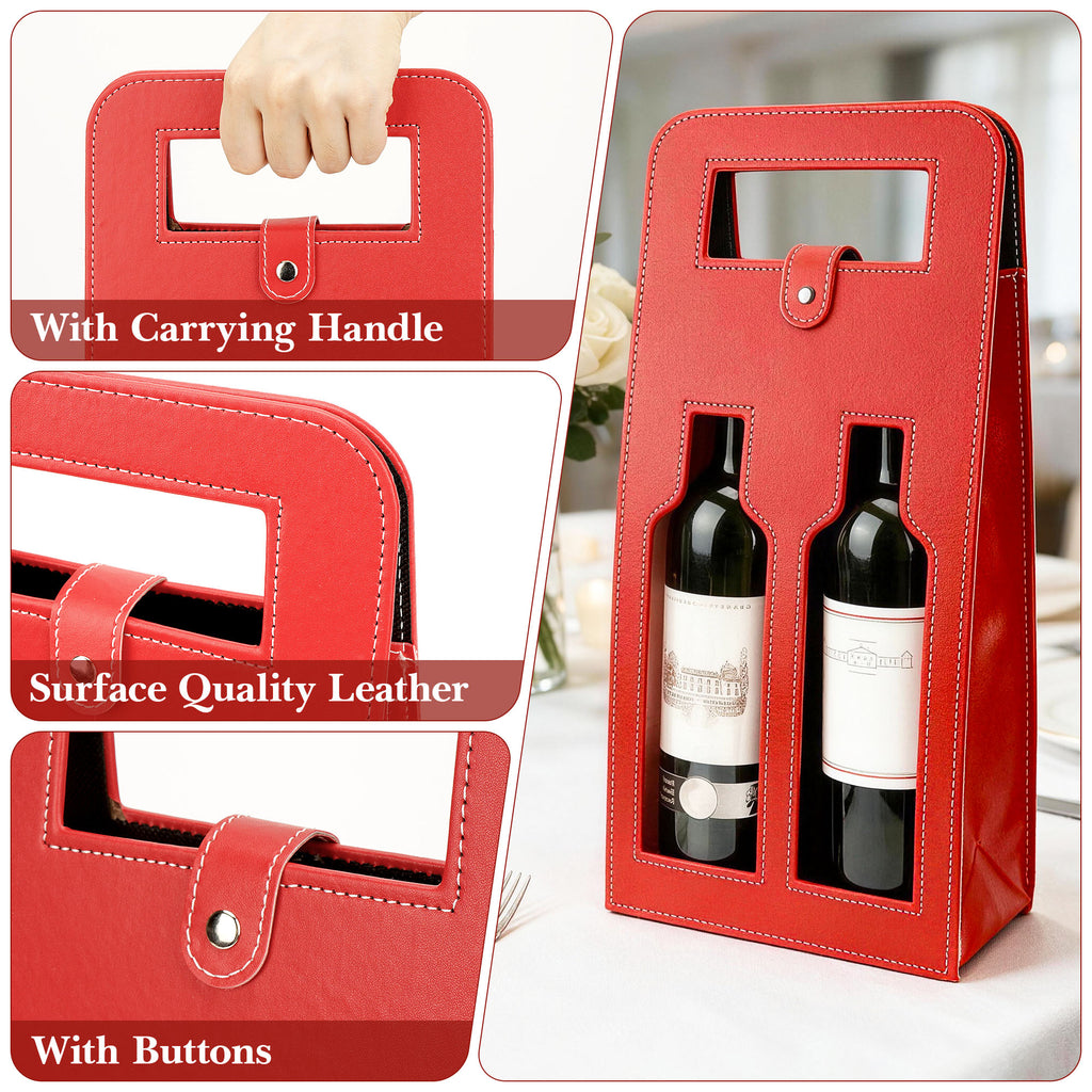 Linkidea Luxury Wine Gift Bag 2 Bottles, Leather Tote Carrier with Handle for Gifting/Business/Festive Occasions (Red)