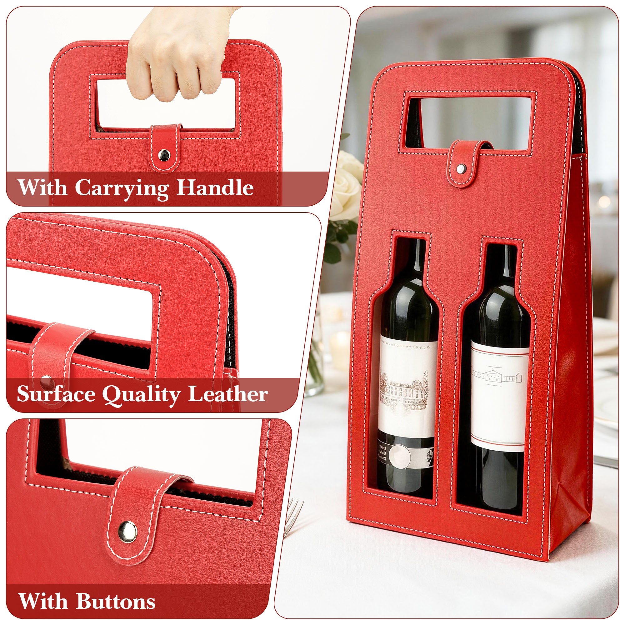 Linkidea Luxury Wine Gift Bag 2 Bottles, Leather Tote Carrier with Handle for Gifting/Business/Festive Occasions (Red)