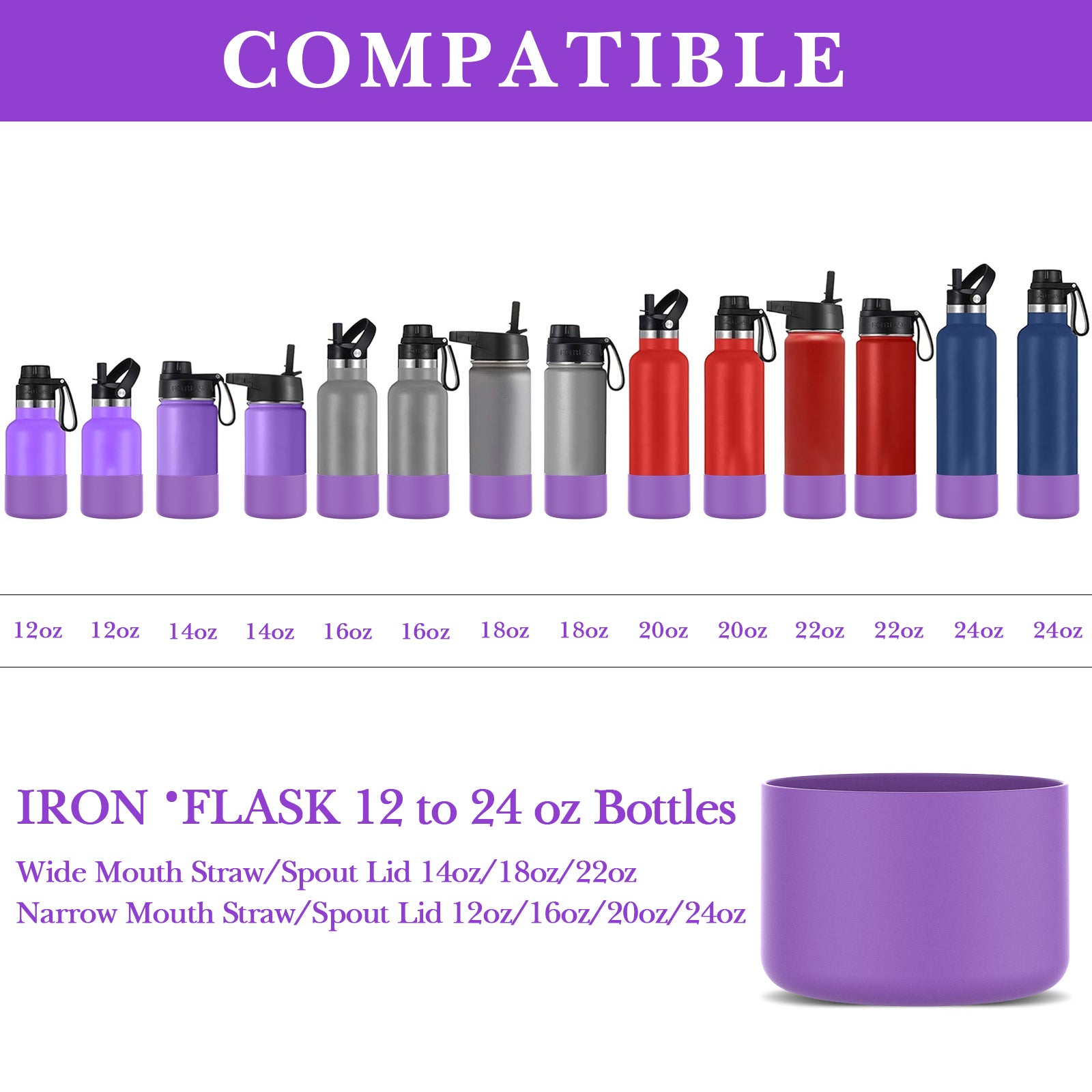 Linkidea 2 Pack Water Bottle Boot Compatible with IRON °FLASK Wide/Narrow Mouth 12oz/14oz/16oz/18oz/20oz/22oz/24oz, Silicone Bottle Bottom Sleeve Cover Bumper Protector (Purple)