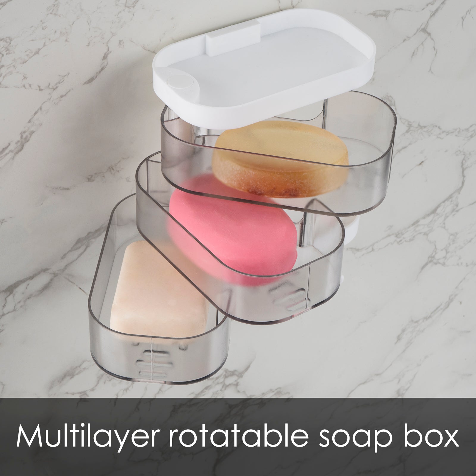 Linkidea Wall Mounted 3 Layers Soap Dish with 2 Hooks,180 Degree Rotating Soap Holder, Waterproof Dustproof Storage Organizer Rack for Bathroom Shower Room Kitchen (Clear)