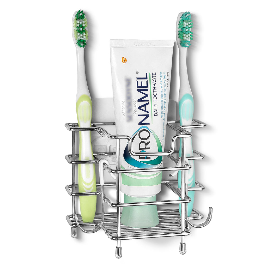 Linkidea Self Adhesive Toothbrush Holder for Shower, Stainless Steel Toothpaste Organizer, 3 Slots Wall Mount/Countertop Stand Compatible with Colgate Extra Clean, Oral-B CrossAction