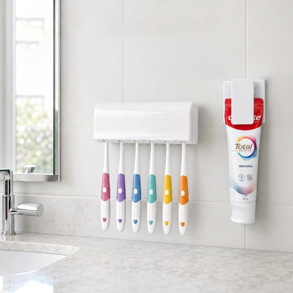 Linkidea 6 Slots Toothbrush Holder with Cover, Wall Mount RV Cabinet Organizer, Plastic Self Adhesive Brush Hanger for Shower, Compatible with Oral-B, Colgate Manual Toothbrush