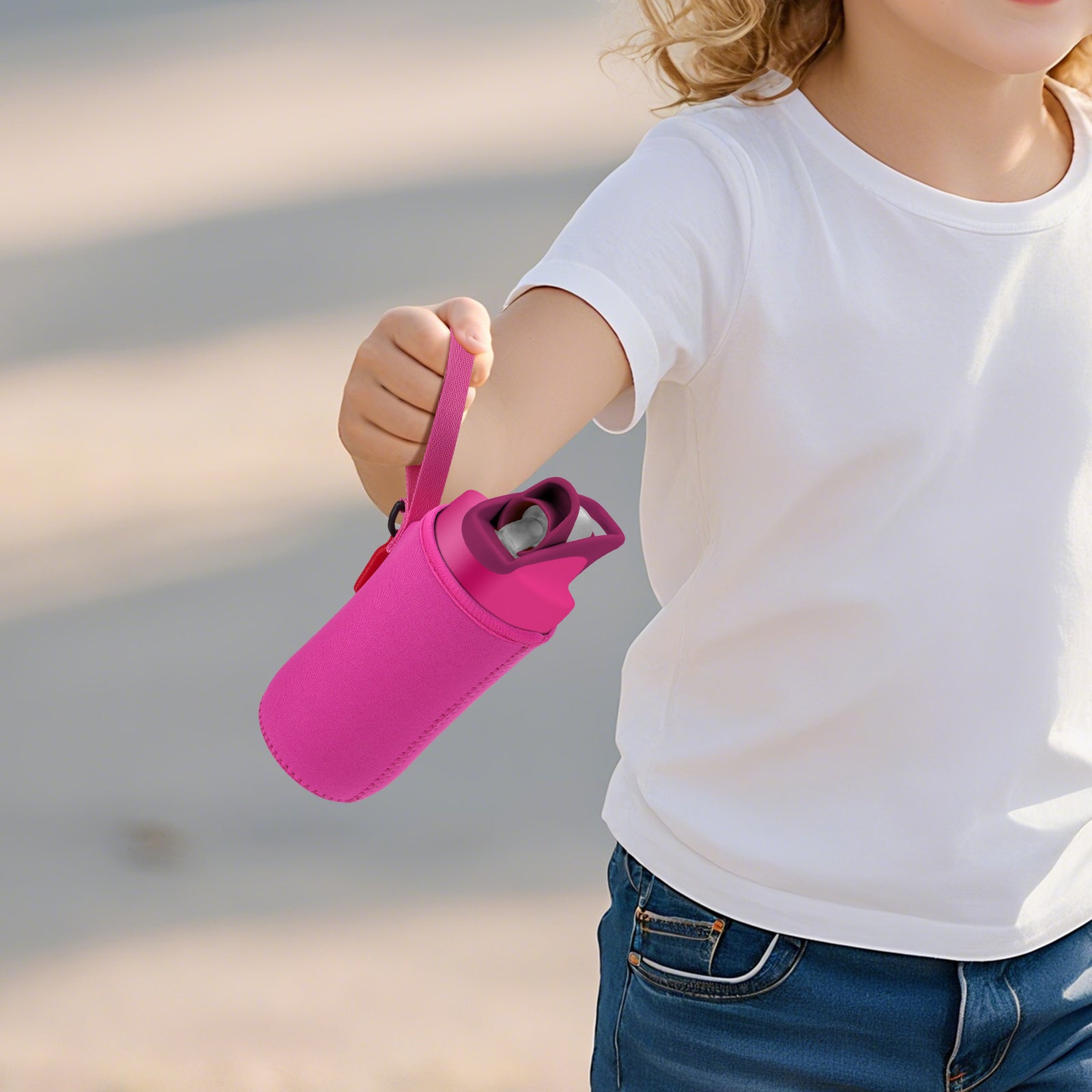 Linkidea Water Bottle Sleeve Compatible with CamelBak Eddy+ Tritan 14oz, Steel 12oz Kids Bottle, Waterbottle Holder Bag with Name Tag, Rose Red