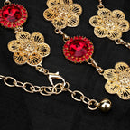 Plus Size Chain Belt for Women, Gold and Red Waist Belt, 51 Inch Adjustable Chunky Fashion Body Chain for Dresses, Party, Casual Wear, Jewelry Accessory (Four Leaf Clover Style)